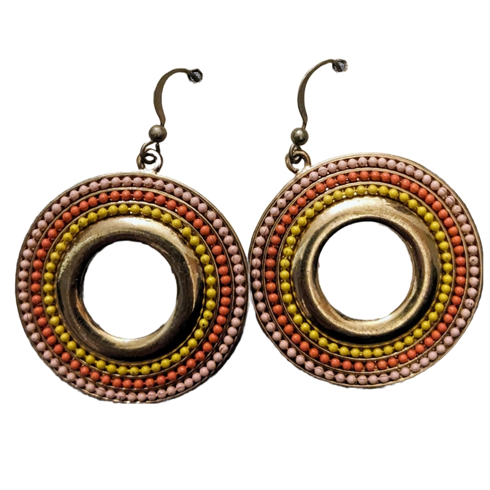 Miss C Boho Beaded Pink, Orange, and Yellow Seed Bead Silver Tone Hoop Earrings